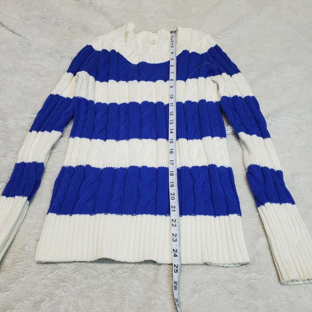 J. Crew White Blue Striped Cable Knit Sweater Small Preppy Chunky Cozy Cotton